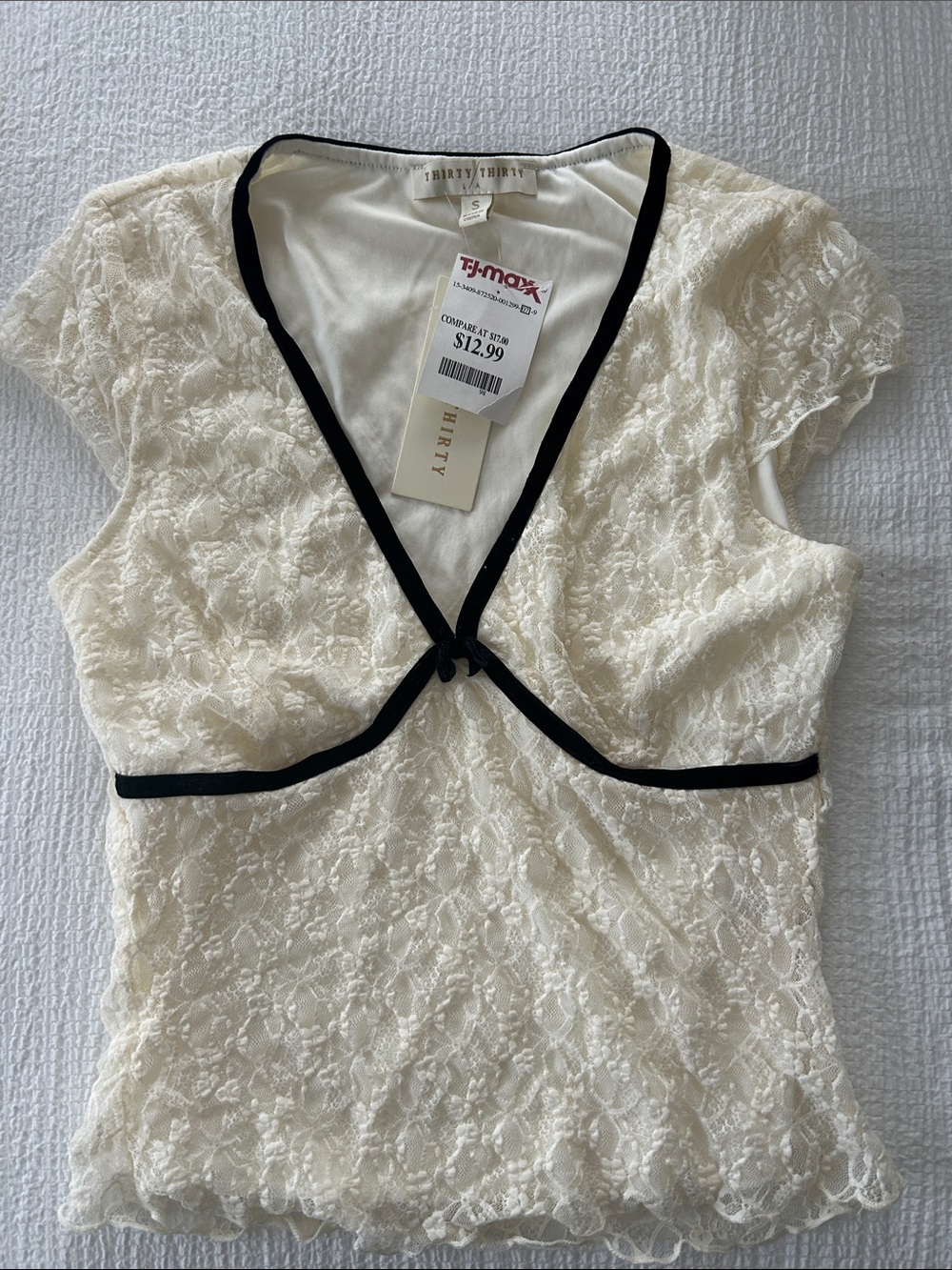 Thirty | Cream Lace Cap-Sleeve Top with Black Trim